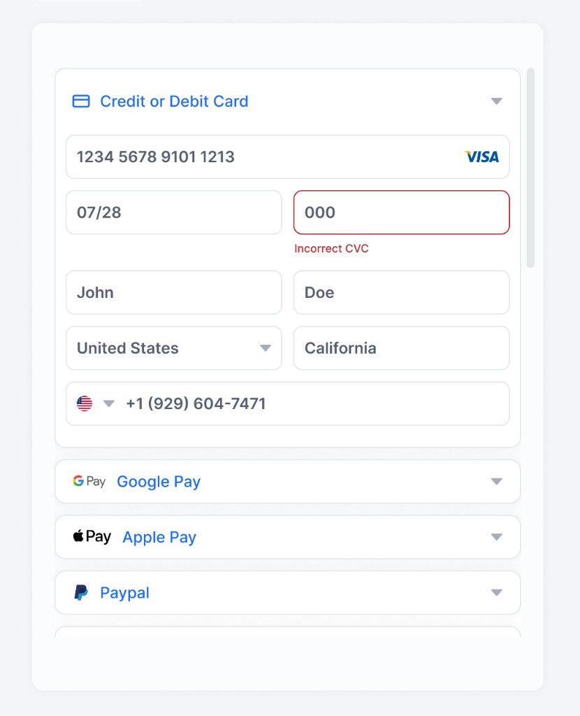 Chargebee Payment Components accordion layout with the card payment method expanded, including card brands and form fields