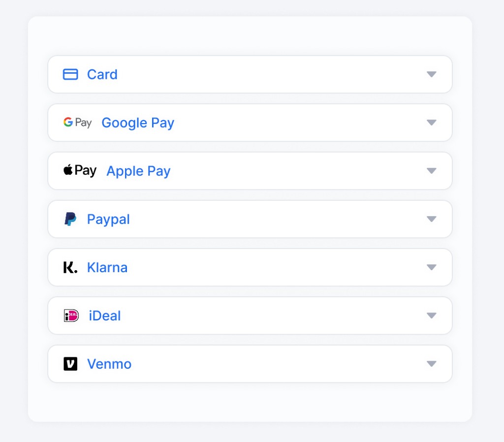 Chargebee Payment Components accordion layout showing Card, Google Pay, Apple Pay, PayPal, Klarna, iDEAL, and Venmo