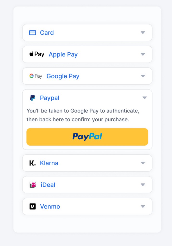 Chargebee Payment Components accordion layout with PayPal expanded and the PayPal payment button