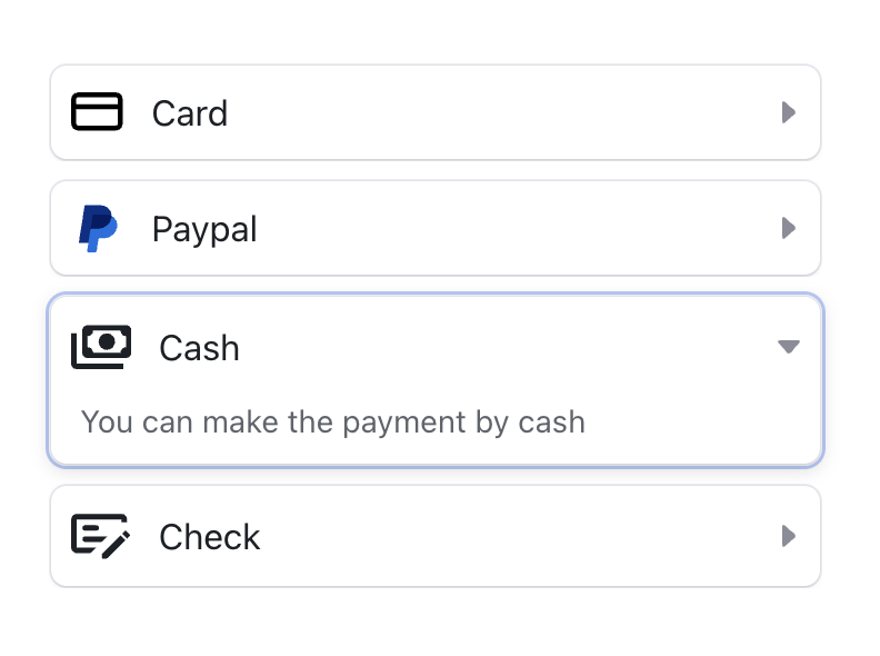 Chargebee Payment Components accordion layout showing offline payment methods with Cash expanded