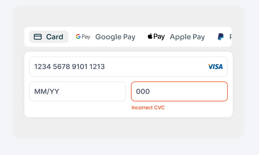 Chargebee Payment Components tab layout with the card payment method selected and validation feedback on the CVC field