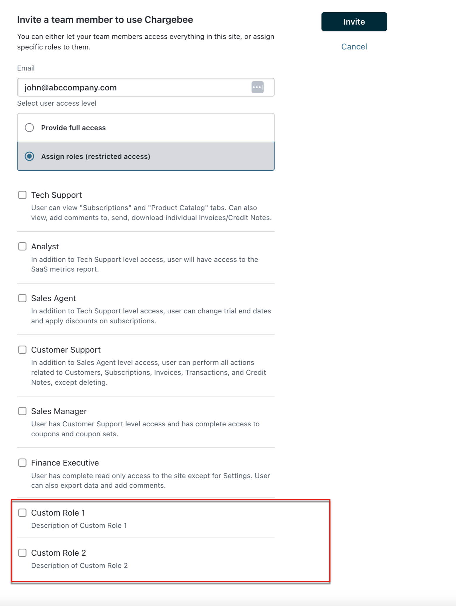 Custom roles listed alongside Chargebee's predefined roles