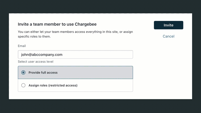 Inviting a team member from the Team Members page