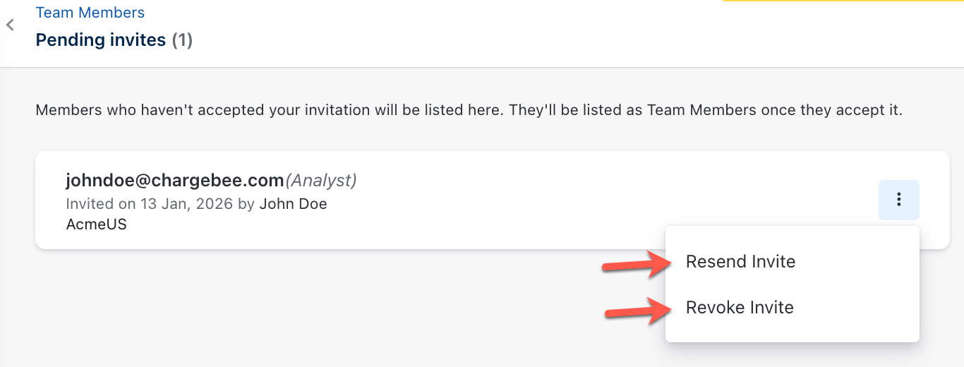 Resend Invite and Revoke Invite options for a pending invitation