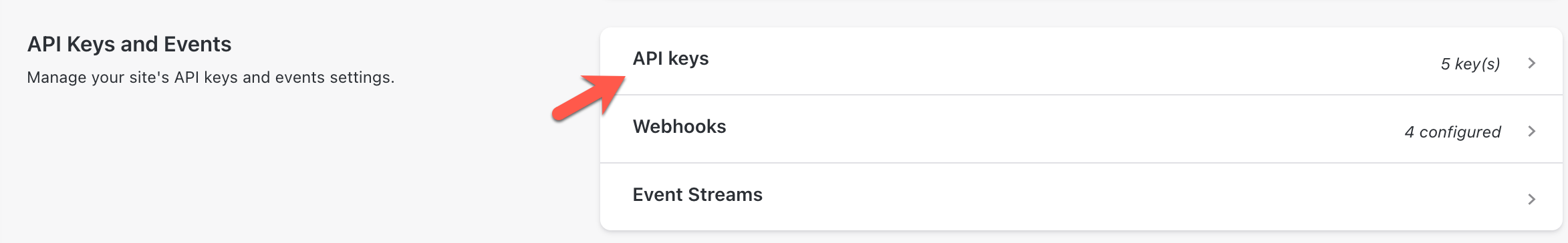 API Keys and Events panel with API keys highlighted
