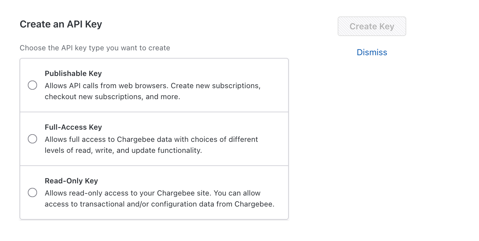Create an API Key dialog showing the three key types