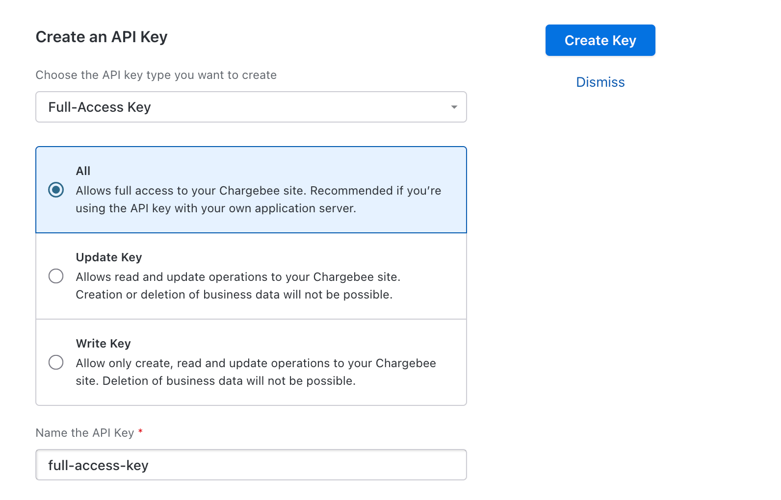 Create an API Key dialog with Full-Access Key selected and a name entered