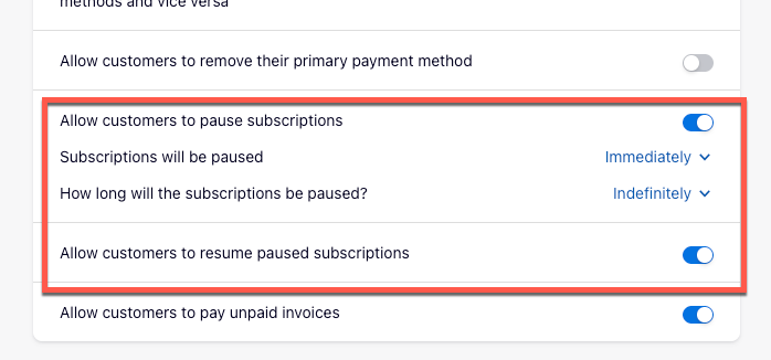 Pause and resume settings under Checkout & Self-Serve Portal configuration