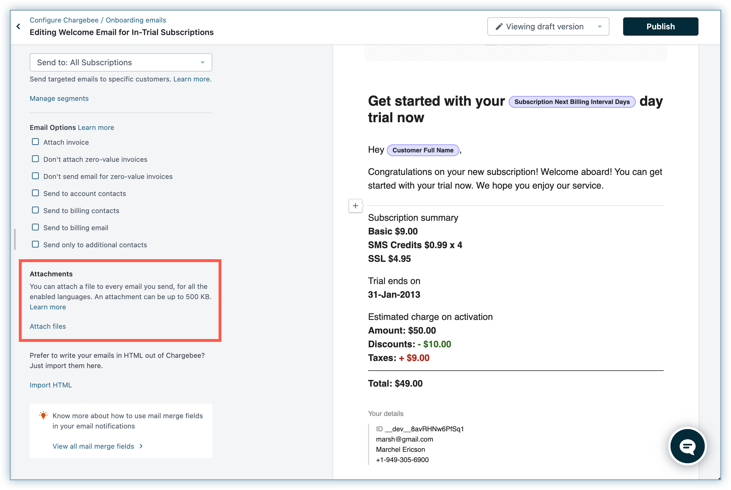 Attach file option for PDF email attachments