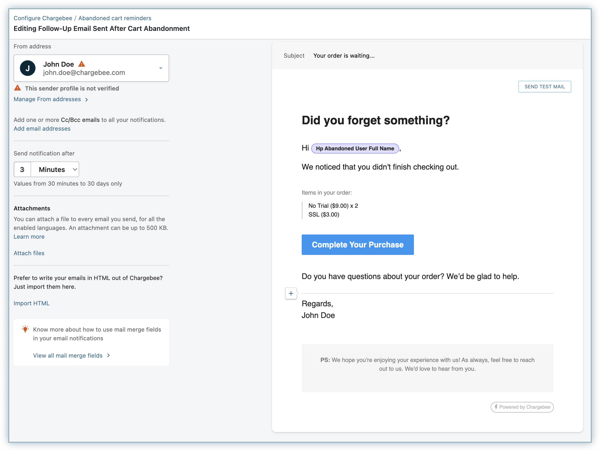 Abandoned cart reminder email configuration