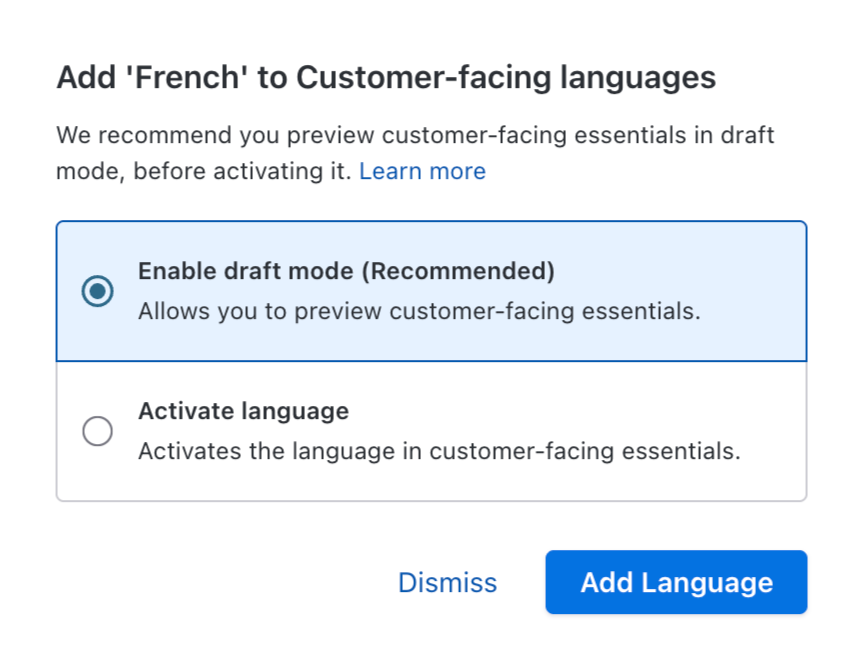 Add language dialog with Enable draft mode and Activate language options