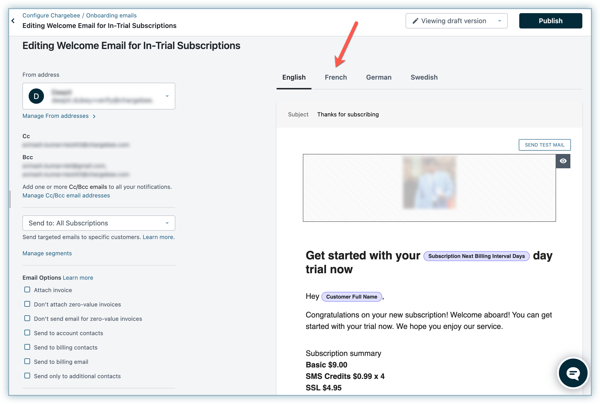 Translating individual email notification content by language