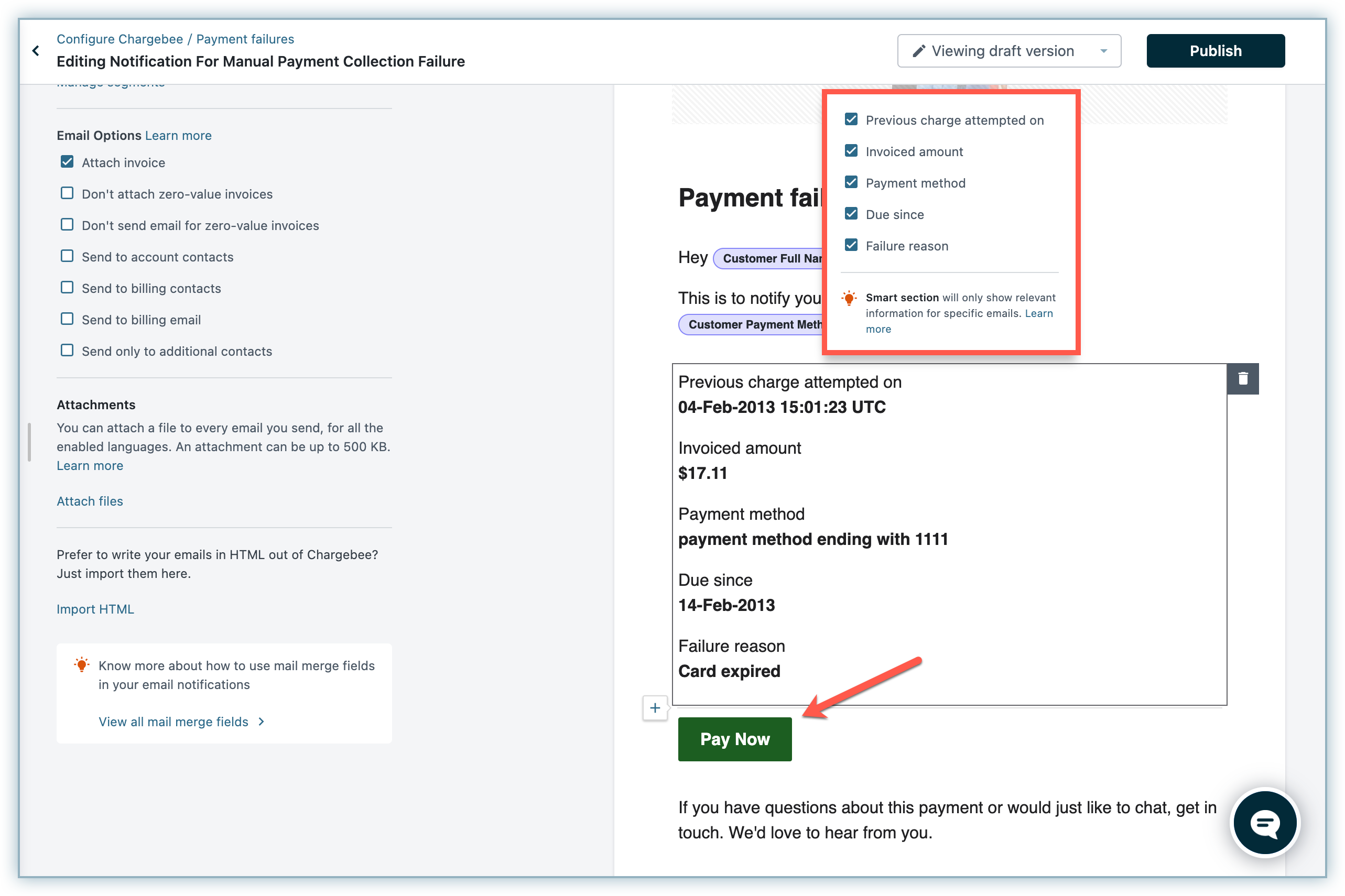 3DS failure email with Failure reason and Pay Now button