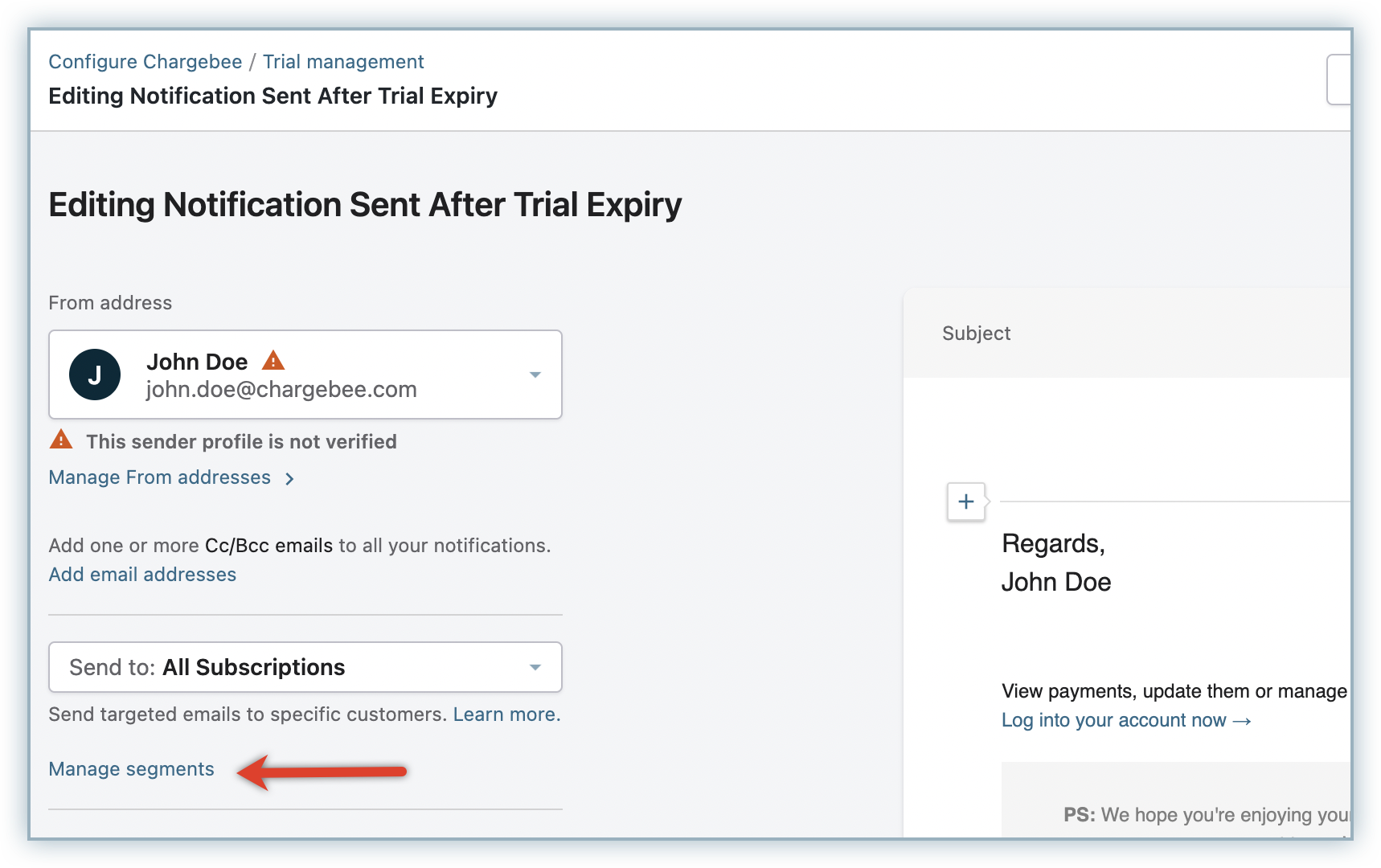 Manage Segments option in the notification editor