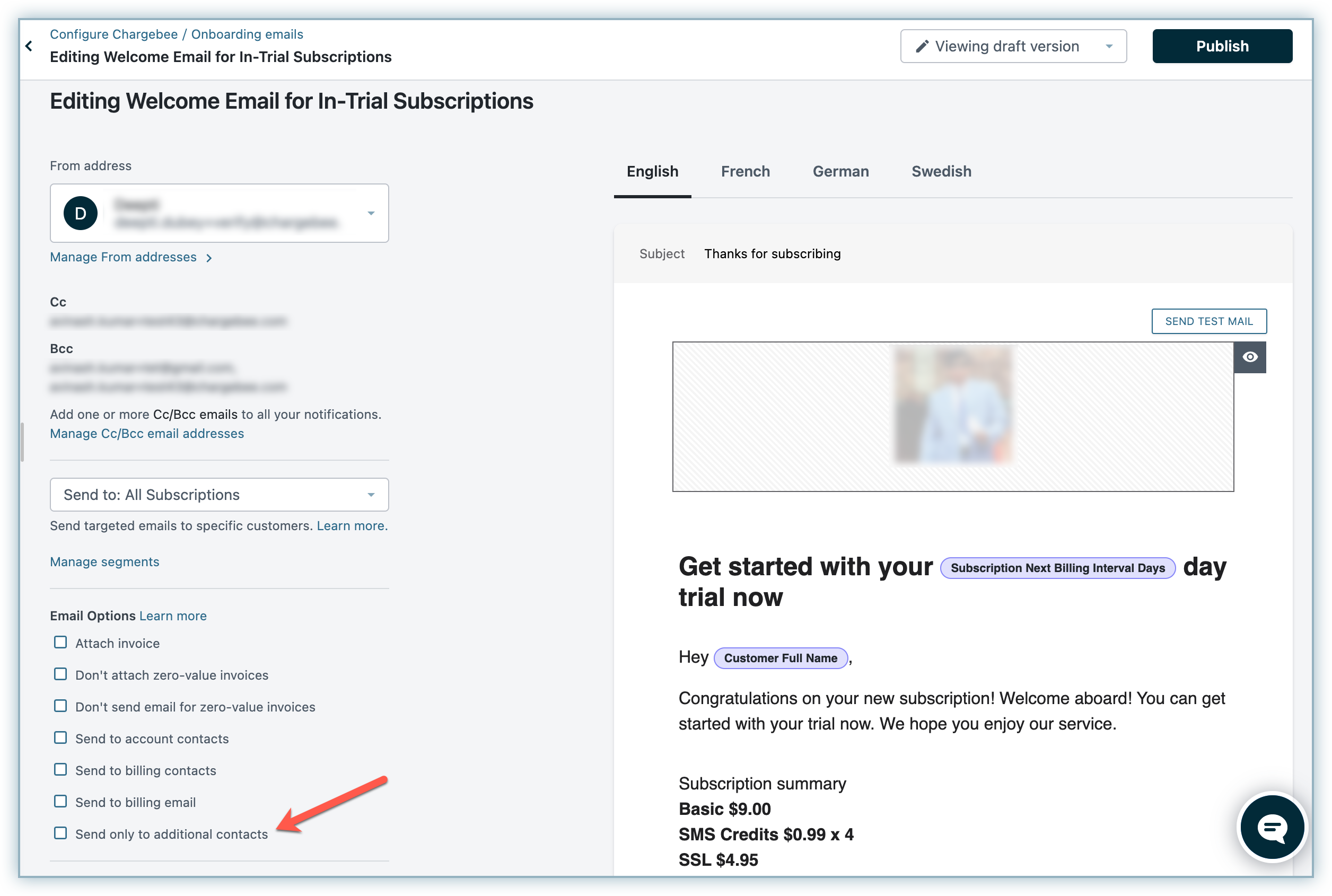 Send only to additional contacts option in email template editor