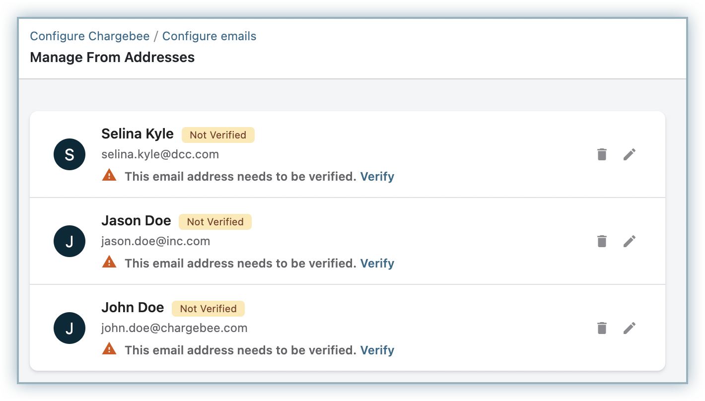 Sender address verification prompt in Manage From Addresses