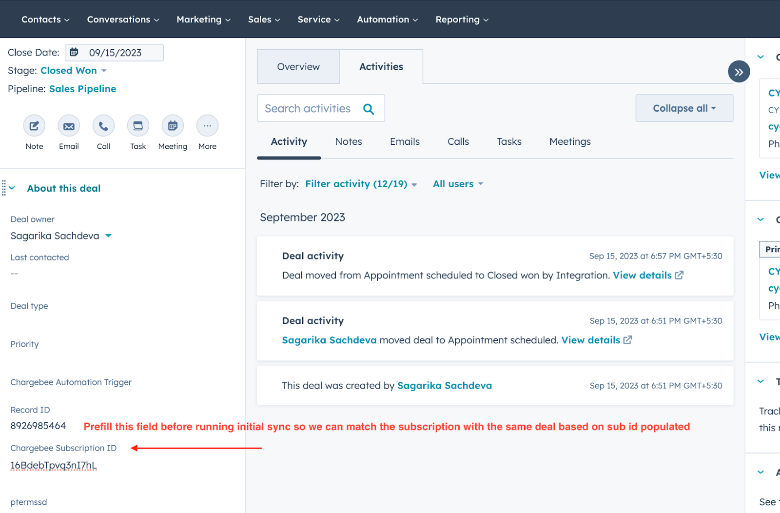 Subscription ID field on a HubSpot deal