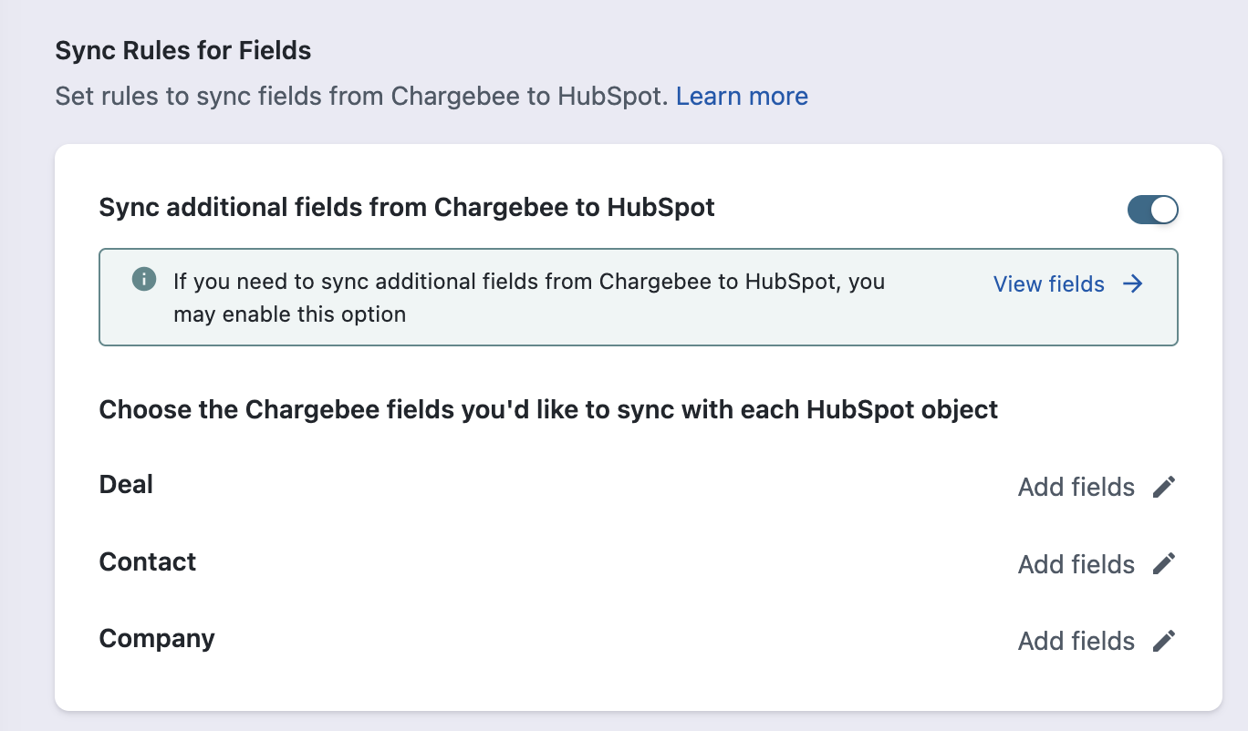 Sync Rules for Fields screen where you choose the Chargebee fields to sync with each HubSpot Deal, Contact, and Company object