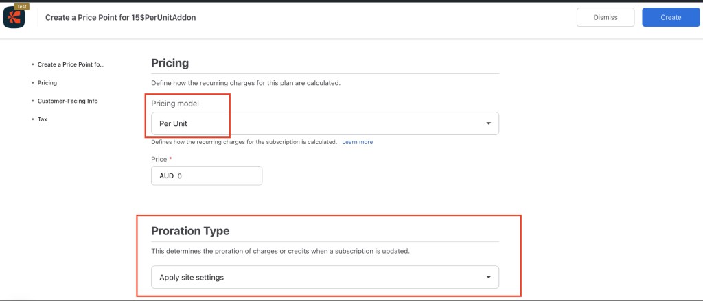 Create Price Point form for a per-unit addon showing the Pricing model set to Per Unit and the Proration Type section set to Apply site settings