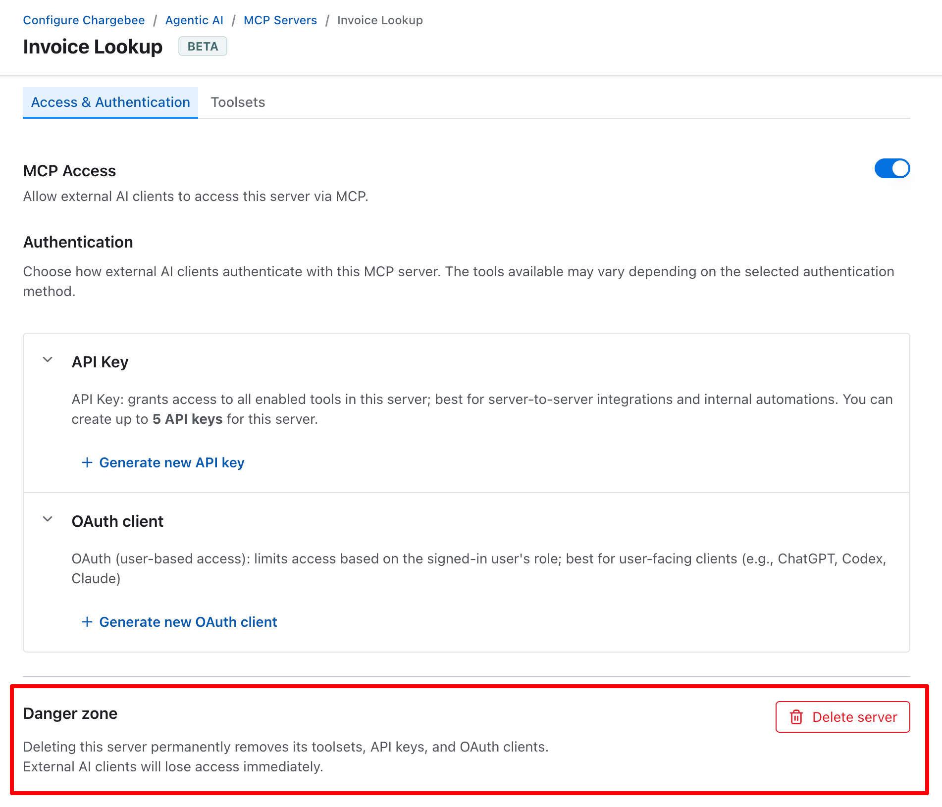 Danger zone section with Delete server button on custom MCP server configuration page