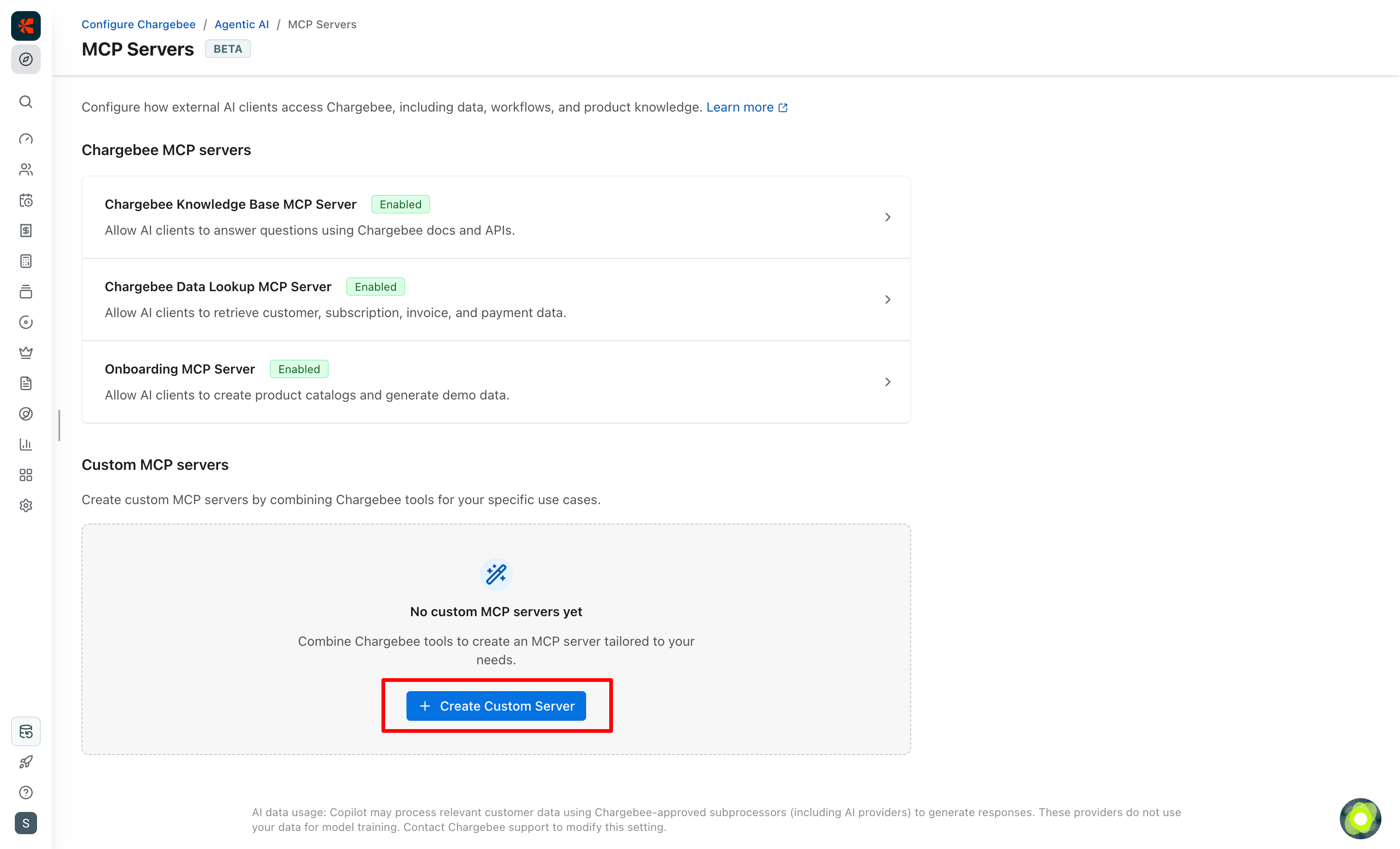 MCP Servers page with Custom MCP servers section