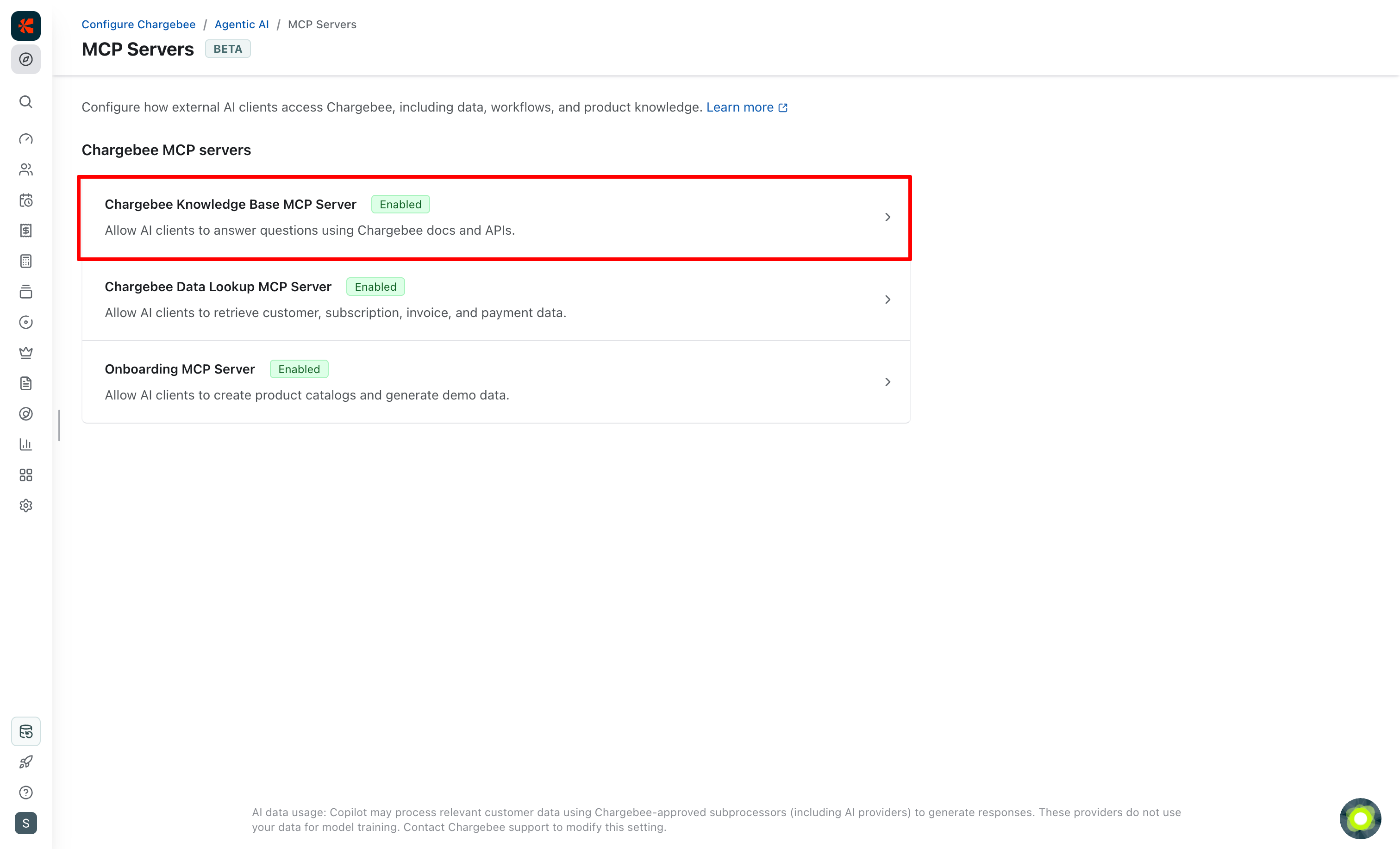 MCP servers list with Knowledge Base MCP Server highlighted