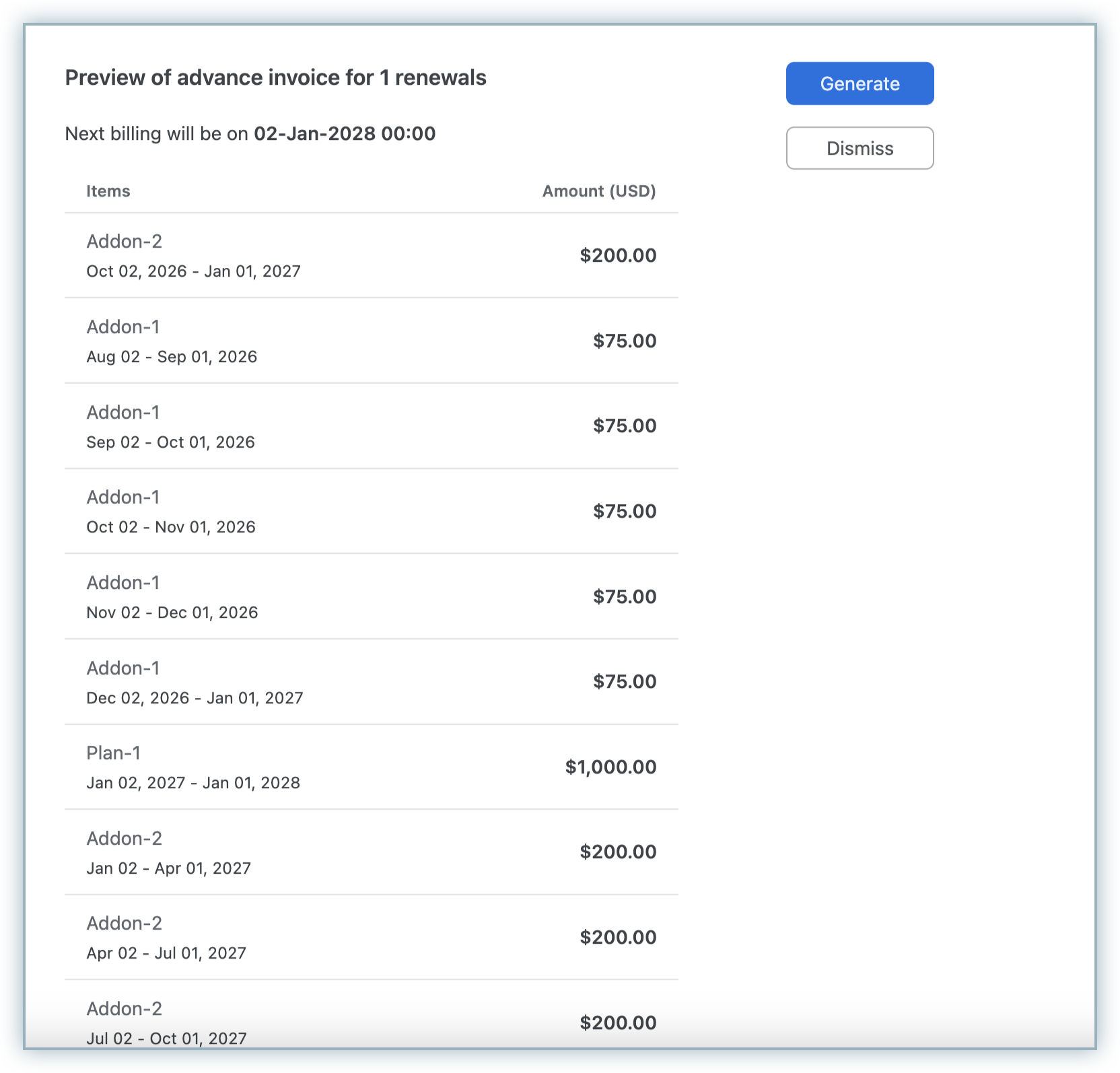 Advance invoice showing multiple line items