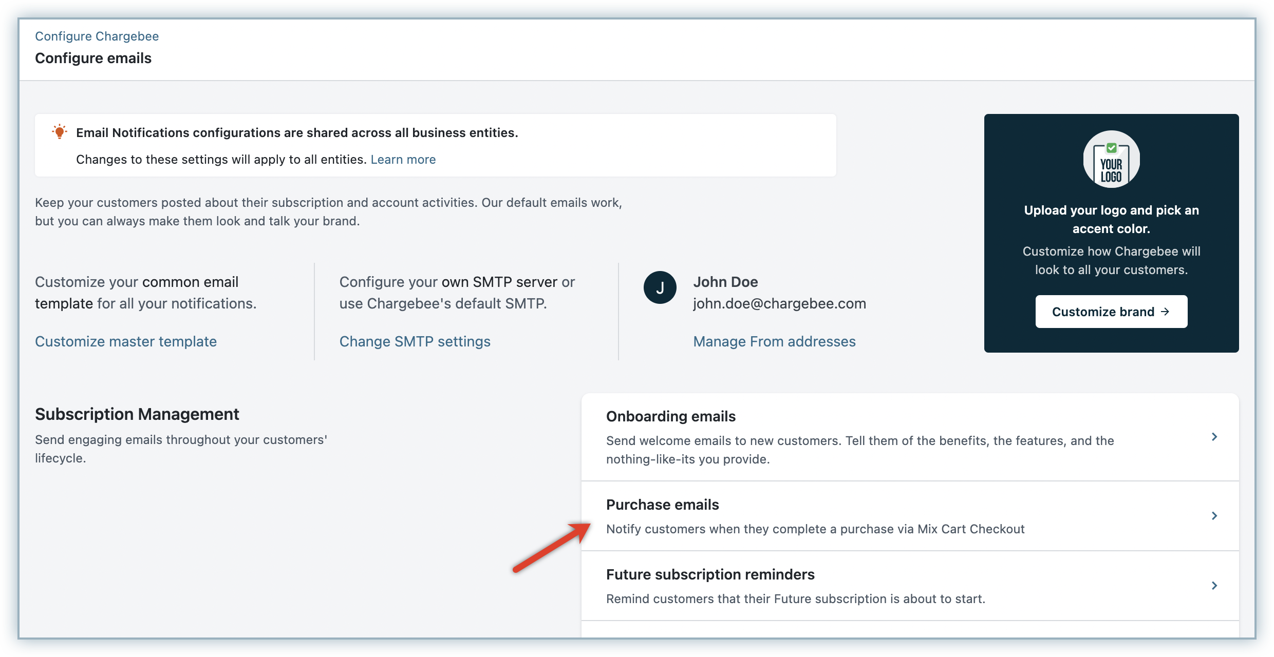 Purchase emails notification toggle in Subscription Management