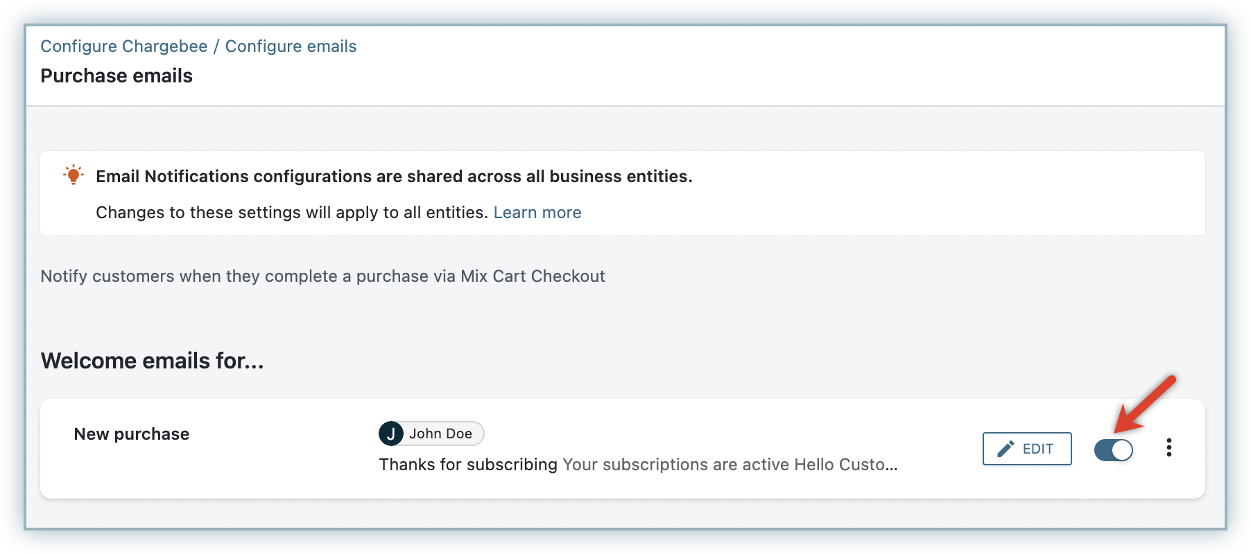 Preview and Edit options for purchase emails