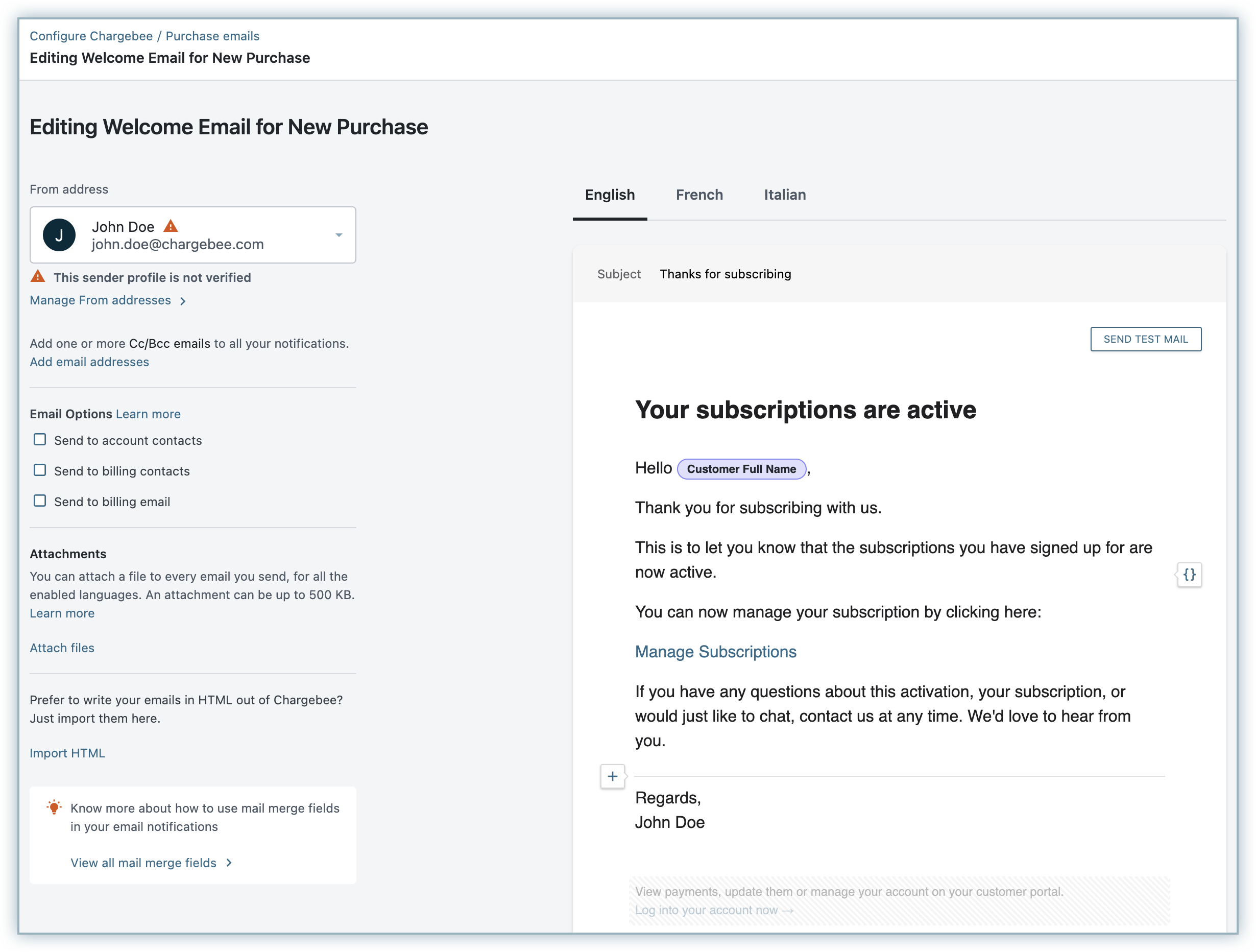 Purchase email template editor