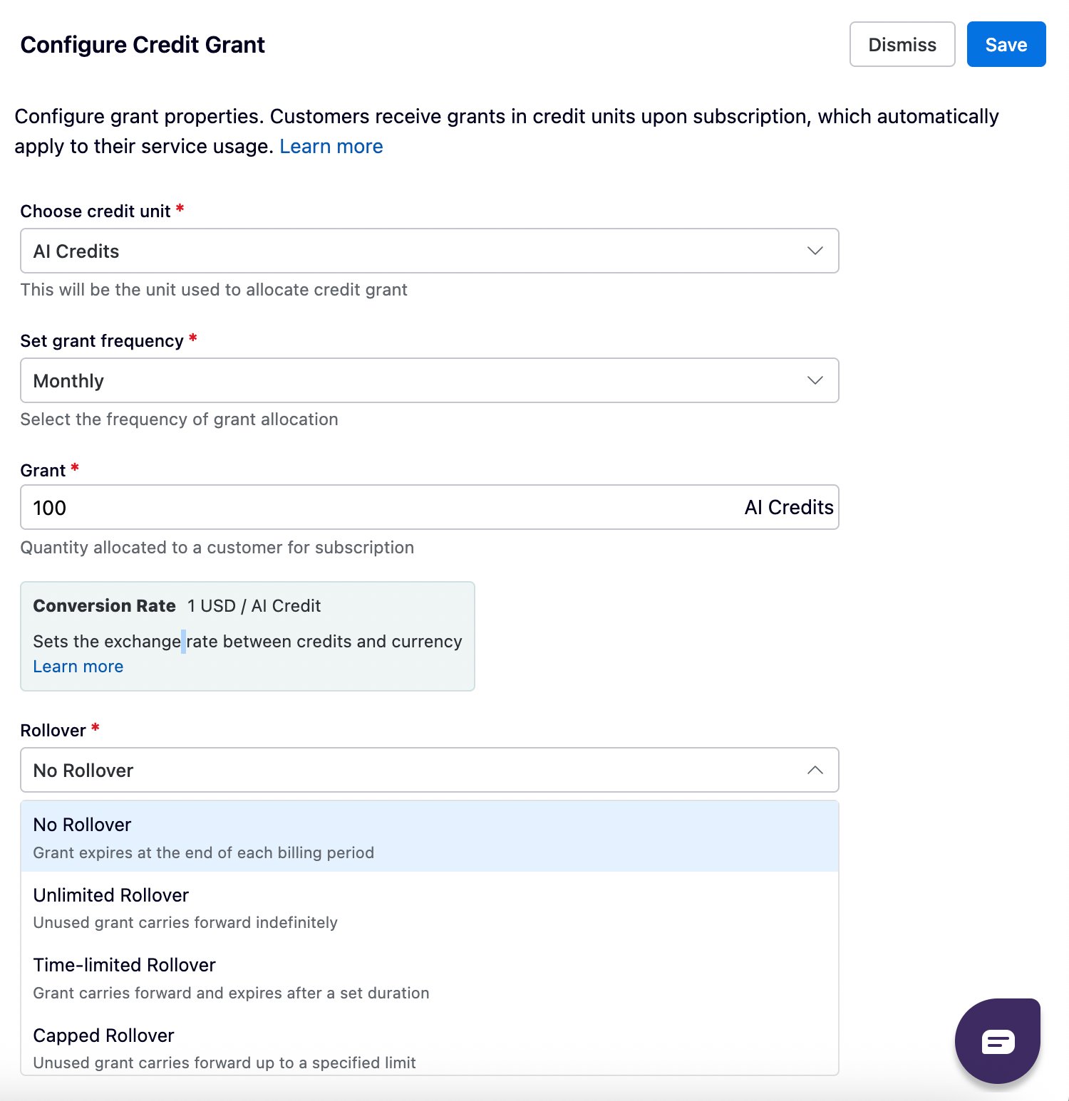 Configure Credit Grant modal showing credit unit, grant frequency, grant quantity, and rollover fields