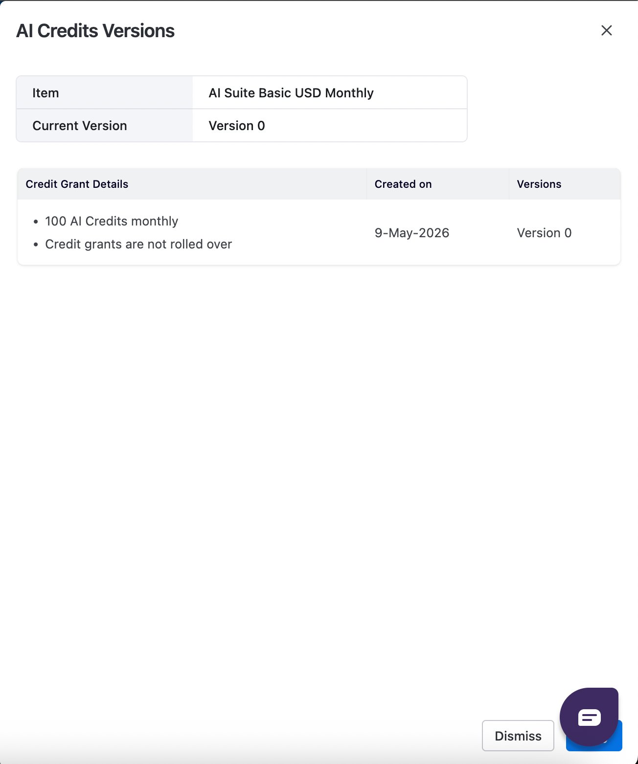 AI Credits Versions modal showing version details including grant quantity, frequency, rollover eligibility, and creation date