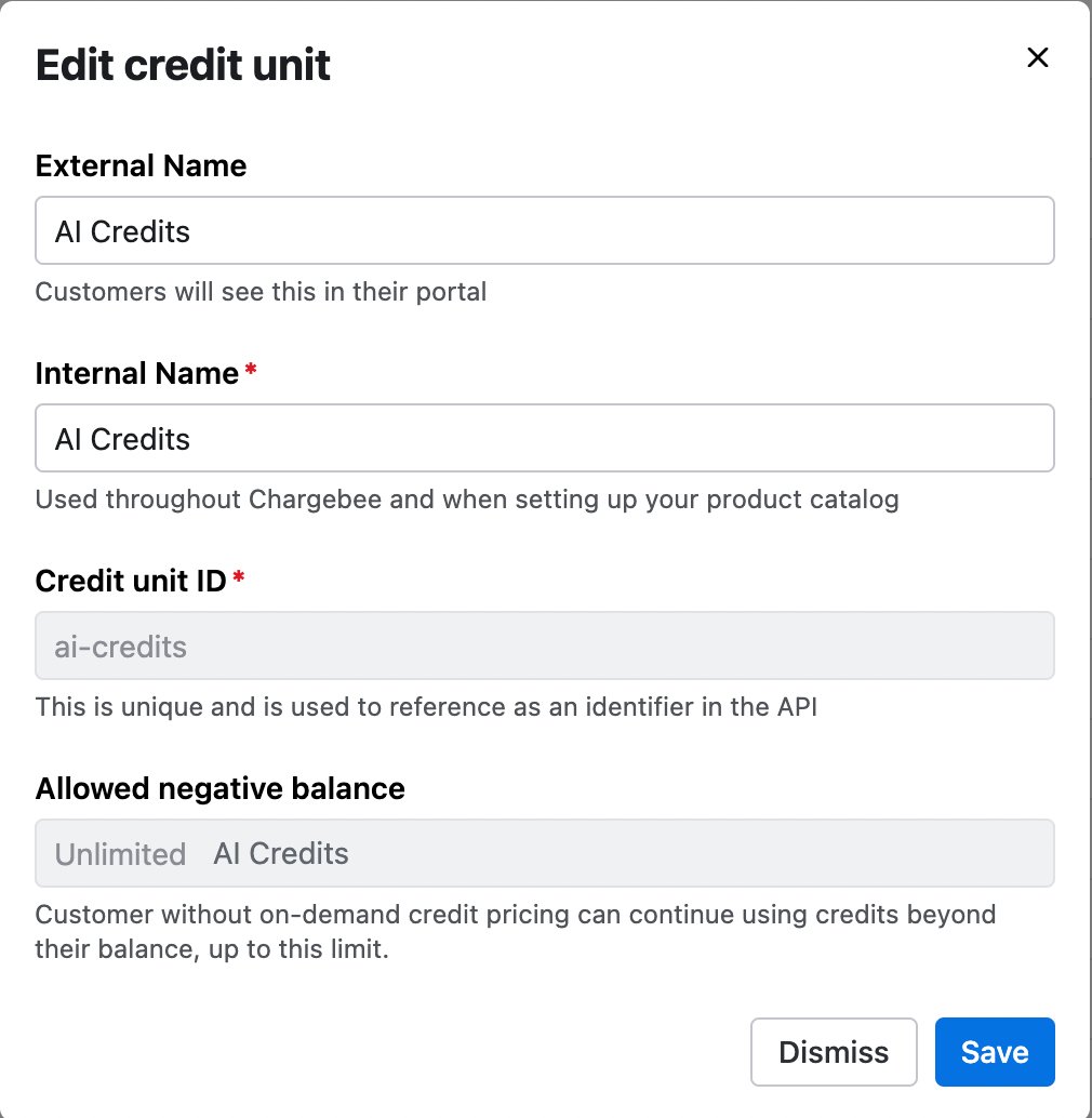 Edit credit unit modal showing editable External name and Internal name fields, with Credit unit ID greyed out