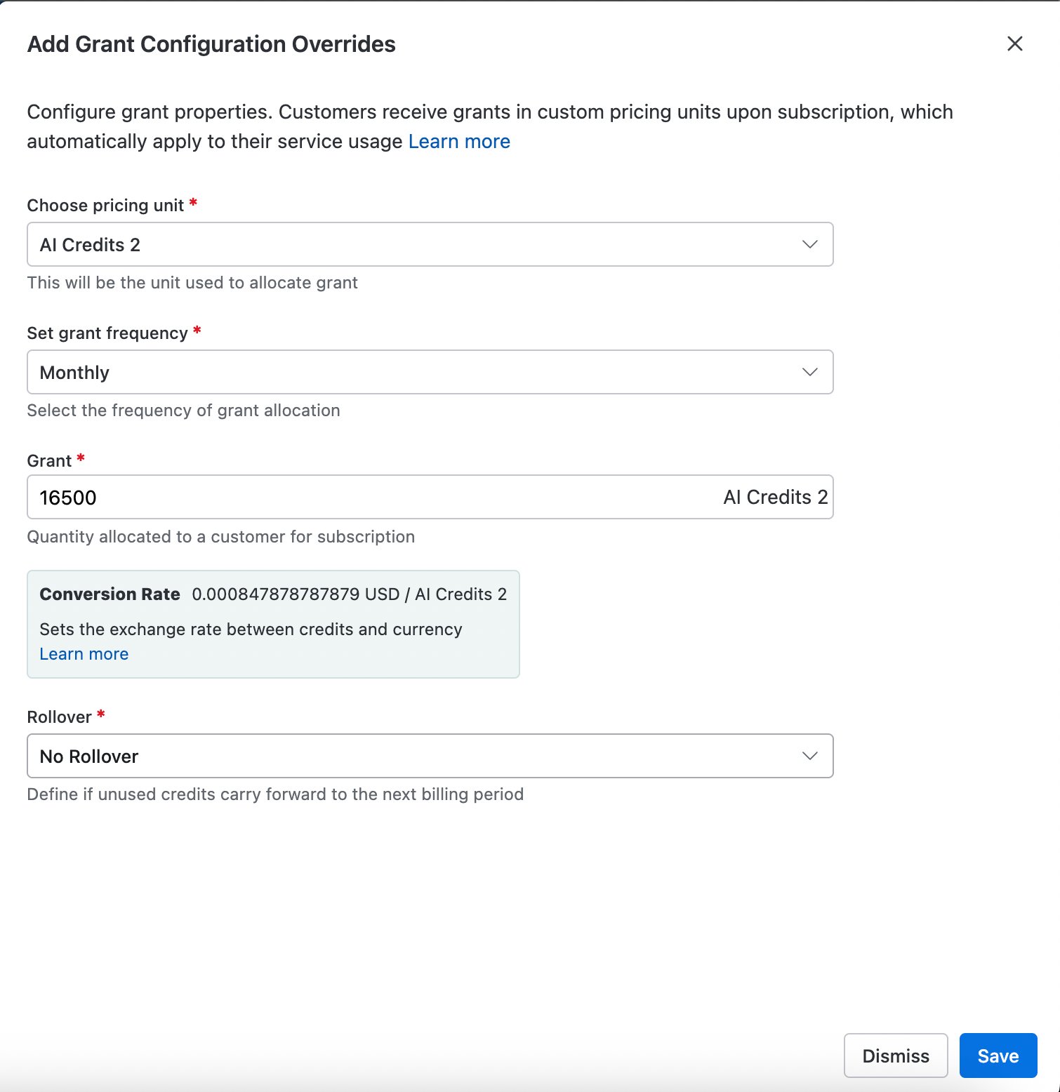 Add Grant Configuration Overrides modal with fields for pricing unit, grant frequency, grant quantity, and rollover