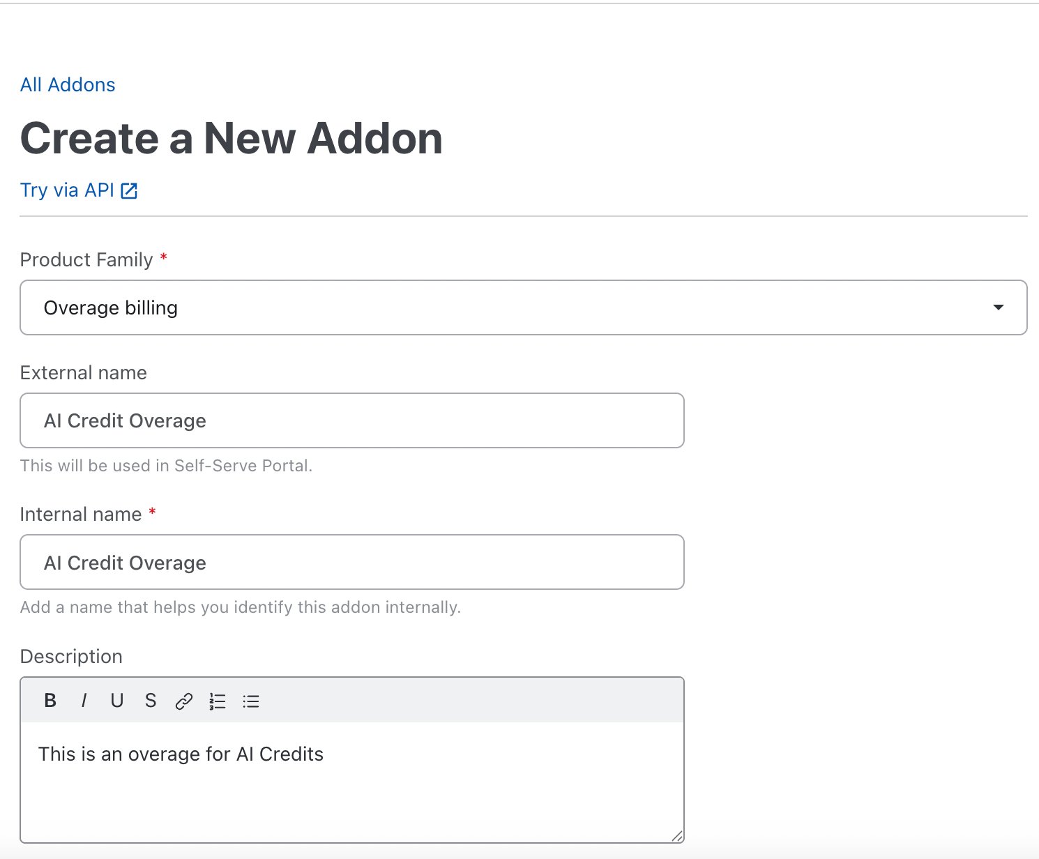 Create a New addon form with fields for Product Family, External name, Internal name, Description, and Addon ID