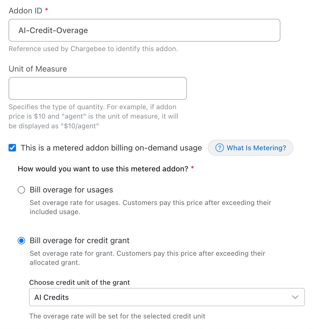 Metered addon configuration showing Bill overage for credit grant selected and AI Credits chosen as the credit unit