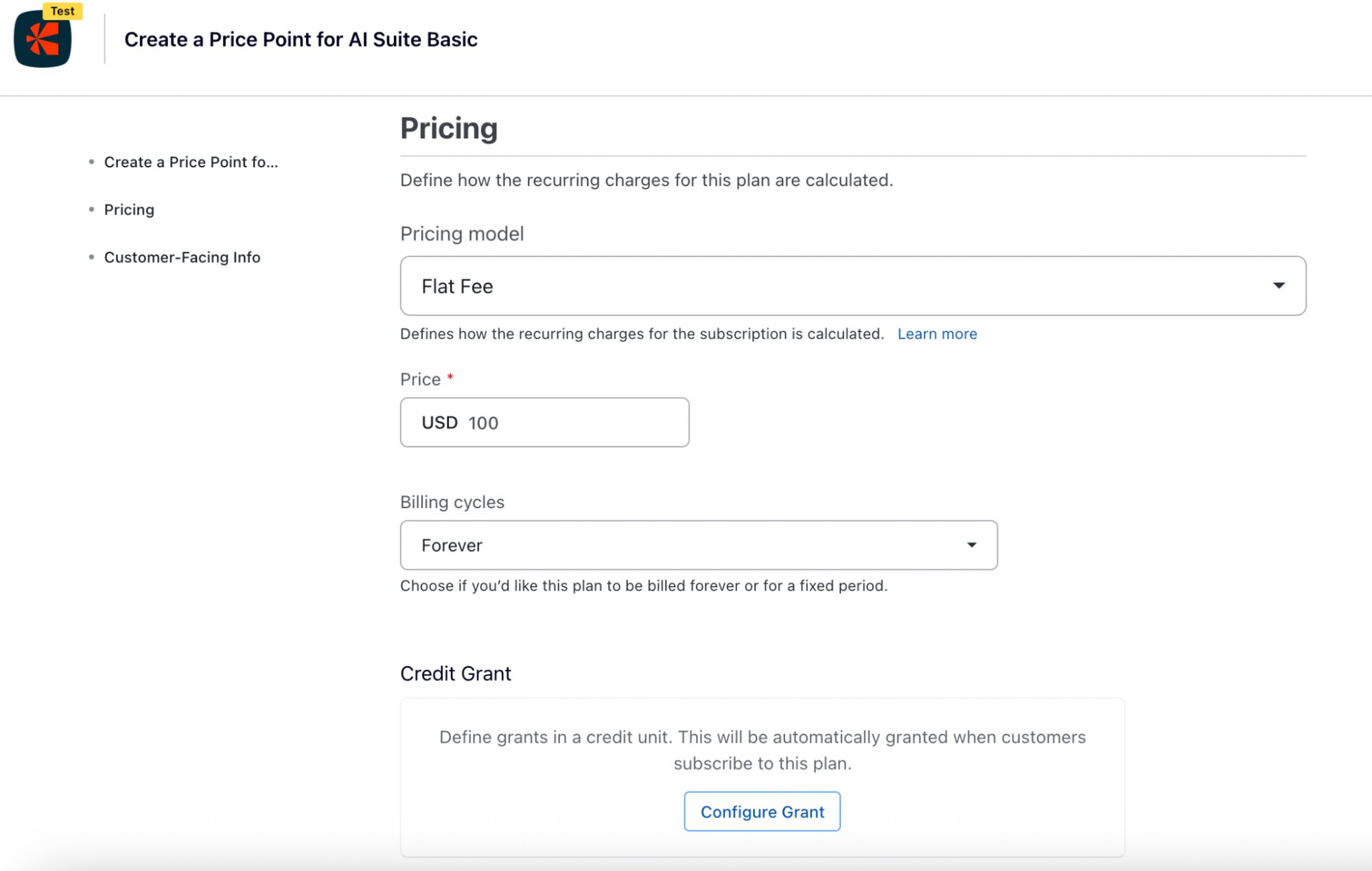 Plan item price page with the Credit Grant section and Configure Grant button