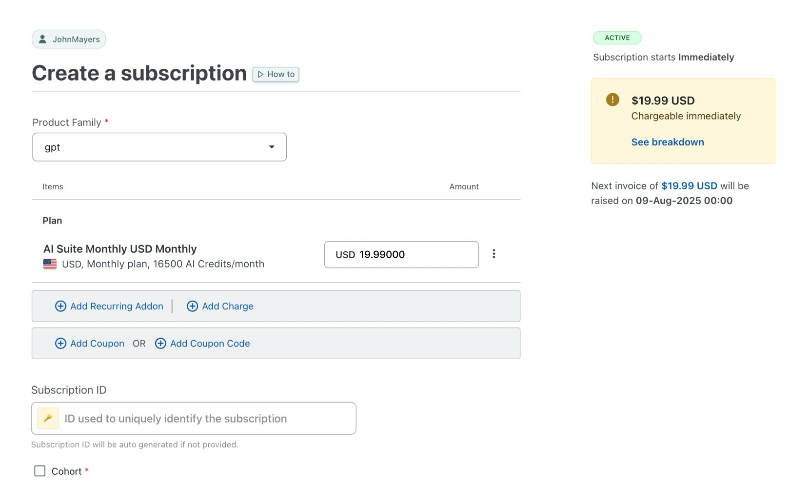 Create a subscription page showing the selected plan with credit grant details and monthly billing amount