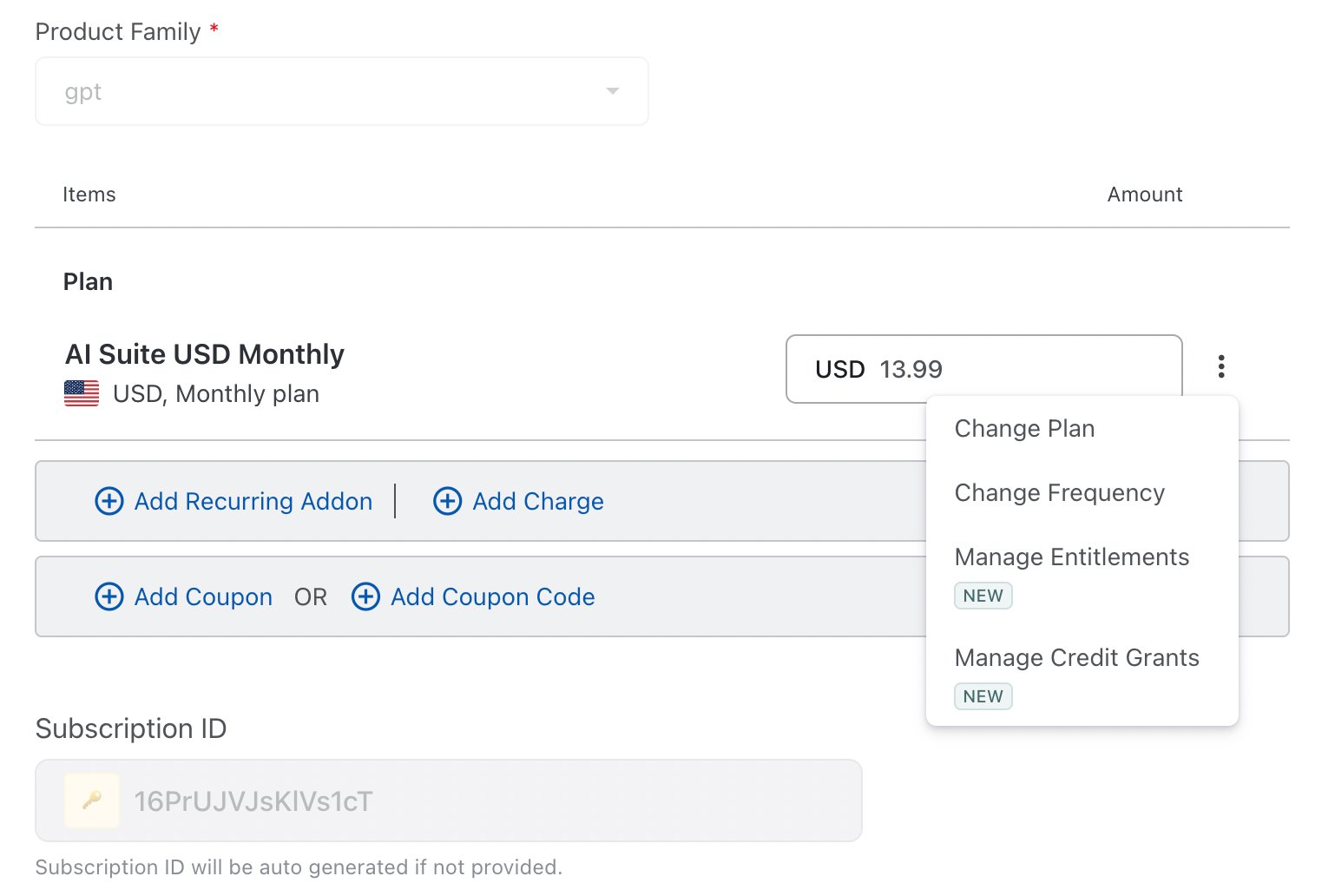 Subscription creation page with the three-dot plan menu open, showing the Manage Credit Grants option
