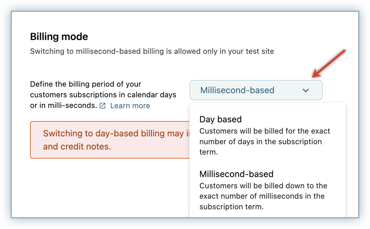 Billing mode pop-up in Billing LogIQ with Day-based and Millisecond-based options