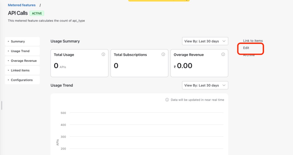 Metered feature details page with Edit and Archive actions
