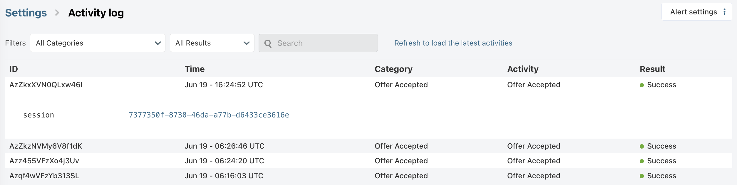 Activity log entry payload panel in Chargebee Growth