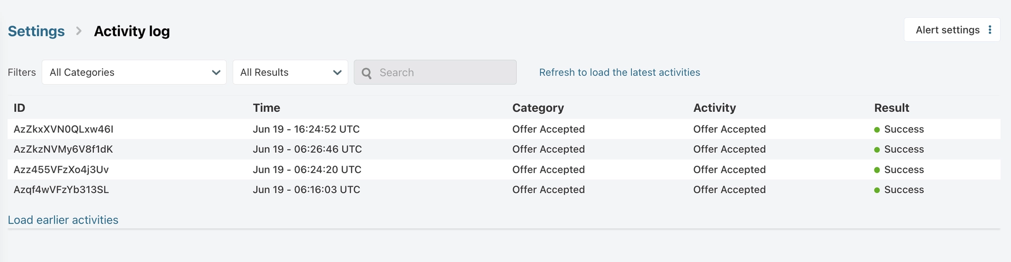 Activity log page in Chargebee Growth