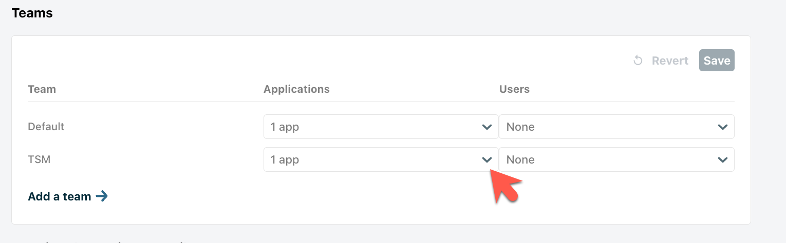 Assigning applications to a team in the Teams table in Chargebee Growth