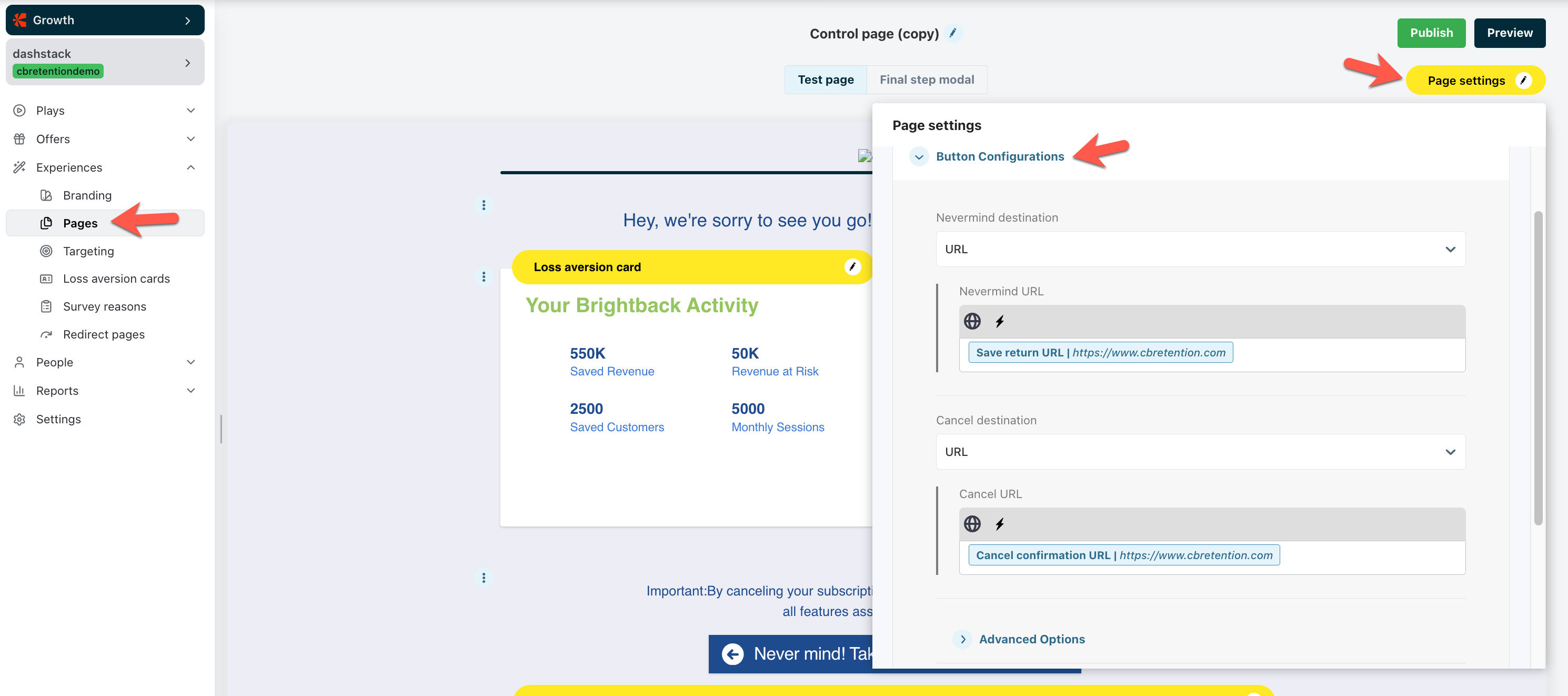 Button Configurations in a page's settings in Chargebee Growth
