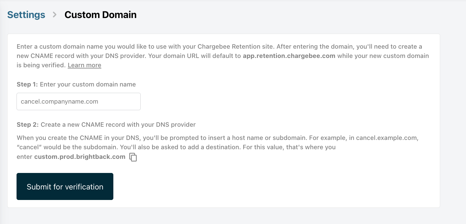 Custom domain settings page in Chargebee Growth