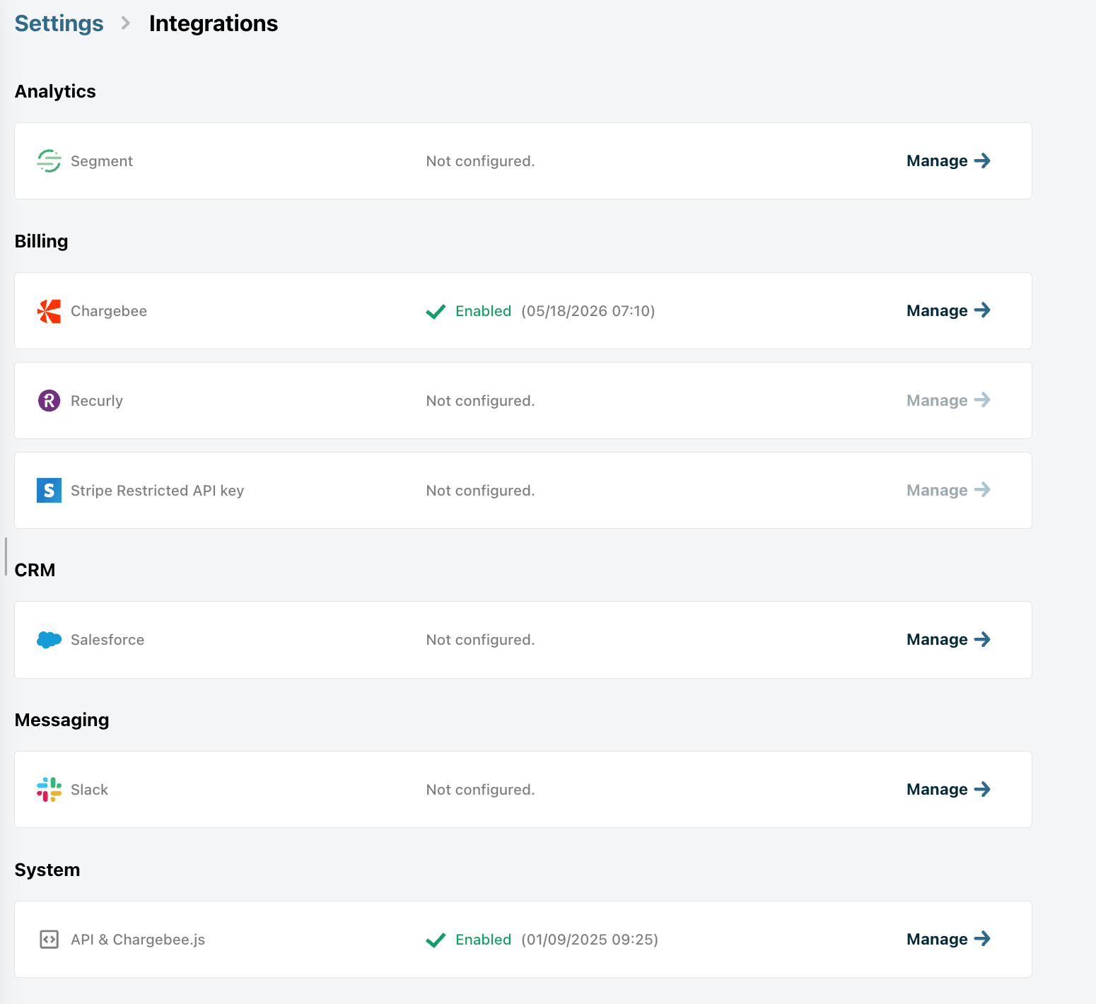 Integrations settings page in Chargebee Growth