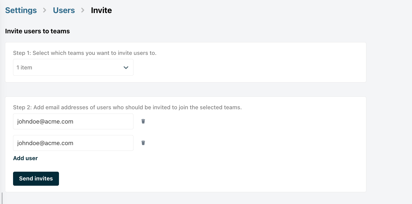 Adding user email addresses to an invite in Chargebee Growth