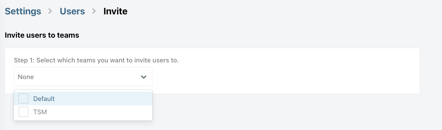 Selecting teams to invite users to in Chargebee Growth