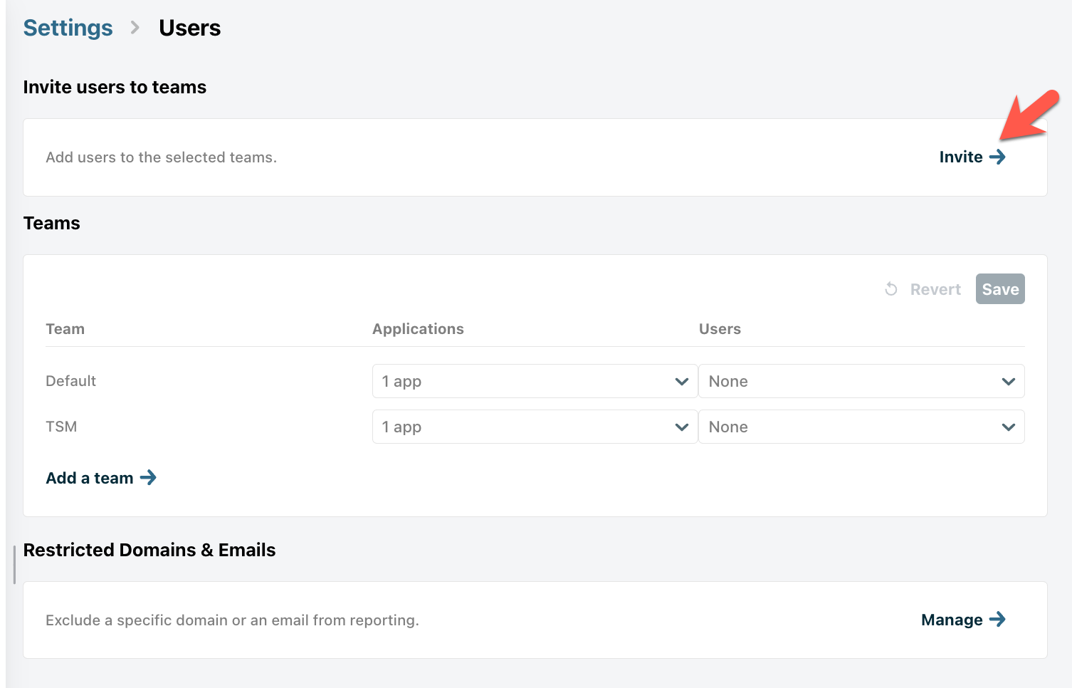 Invite users to teams option on the Users page in Chargebee Growth